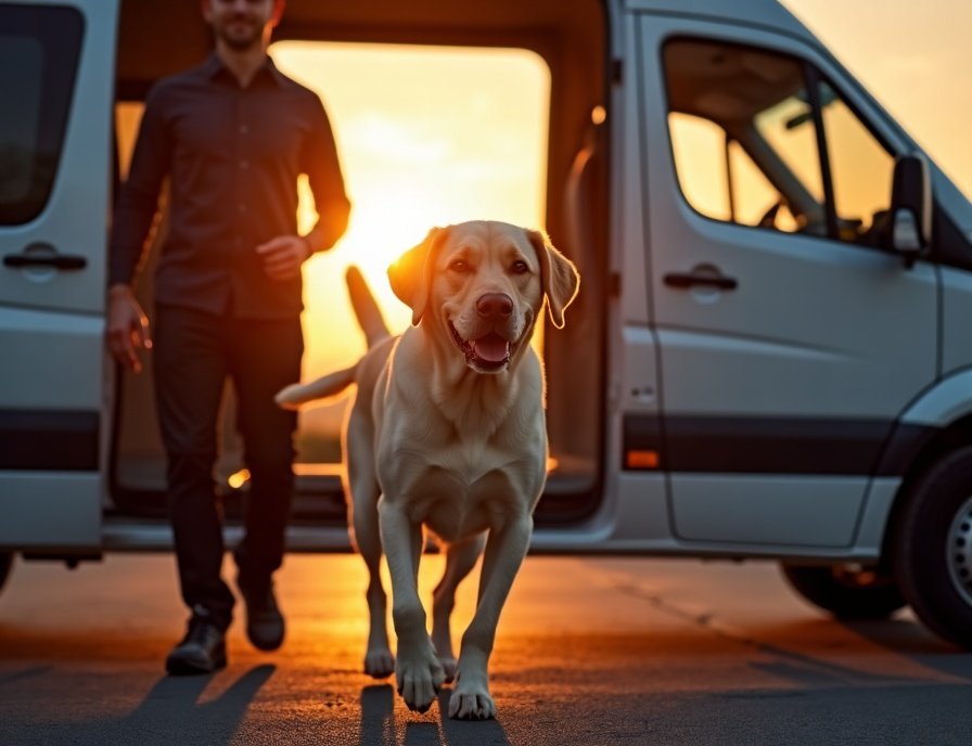 Dog entering climate-controlled transport vehicle — domestic pet shipping across the USA by Royal Pet Shipping