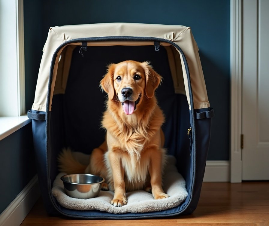 Dog calmly prepared in a secure travel crate for a planned relocation journey