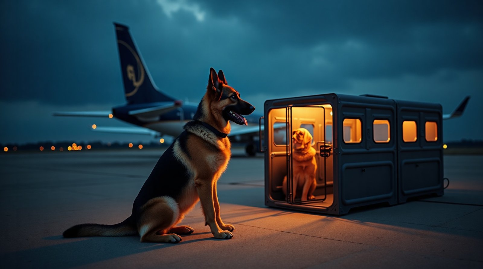 German Shepherd beside a climate-controlled pet transport vehicle for premium pet shipping across the USA and worldwide