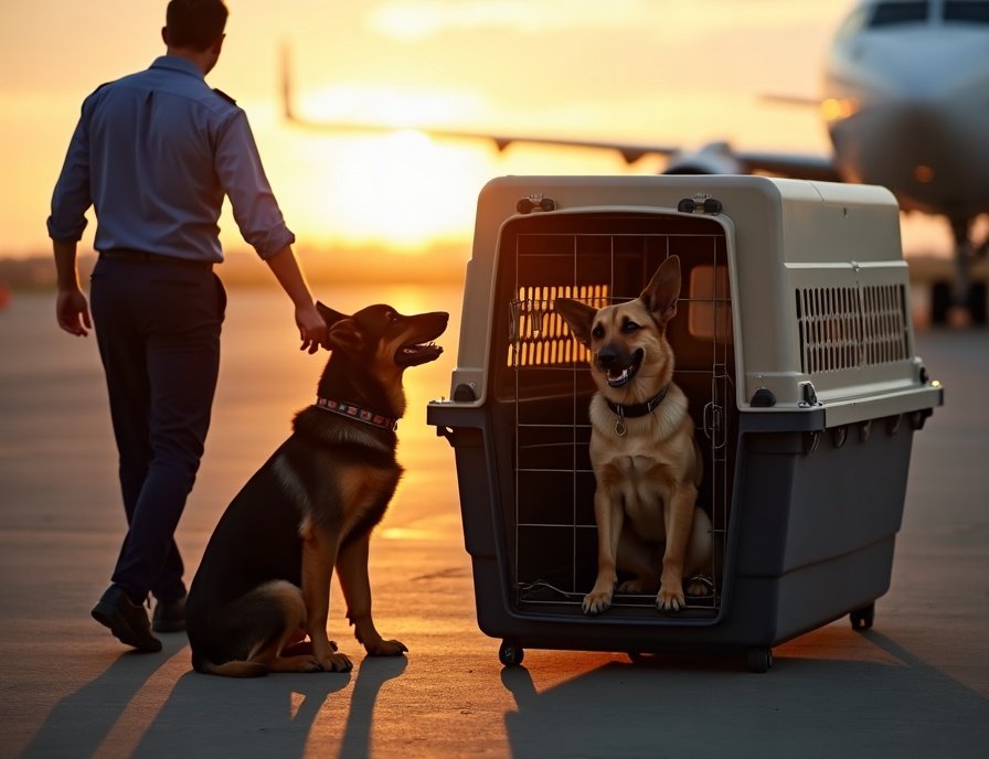 Professional handler coordinating pet airport transportation and travel crate requirements
